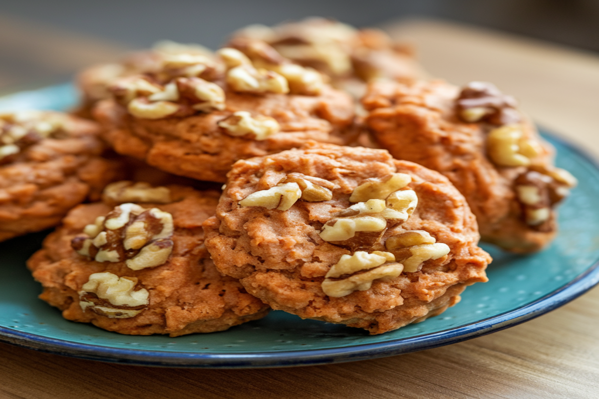 Soft, chewy carrot cake cookies topped with cream cheese frosting on a cooling rack.