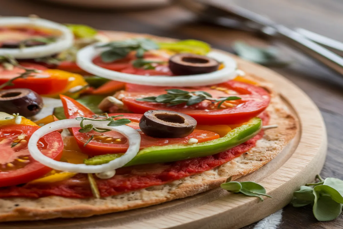 A freshly baked gluten-free pizza topped with vegetables and cheese.