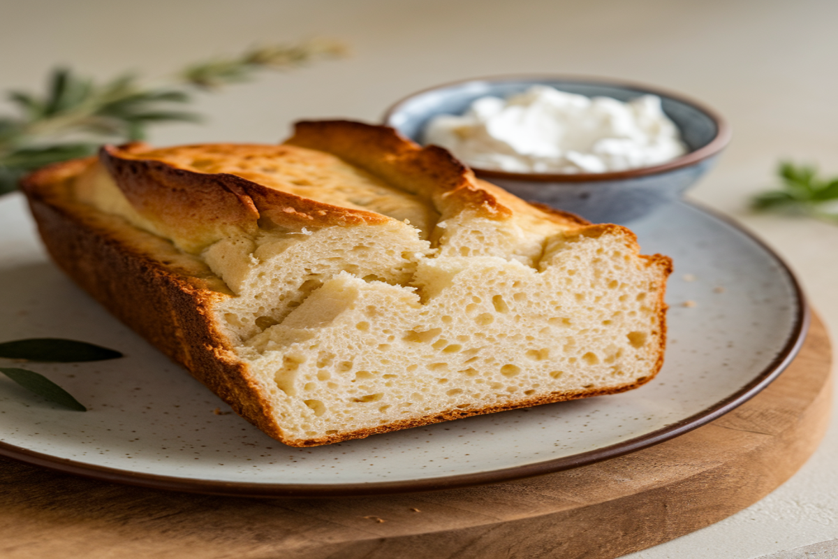 A freshly baked loaf of cottage cheese bread with a golden crust, sliced and ready to serve.