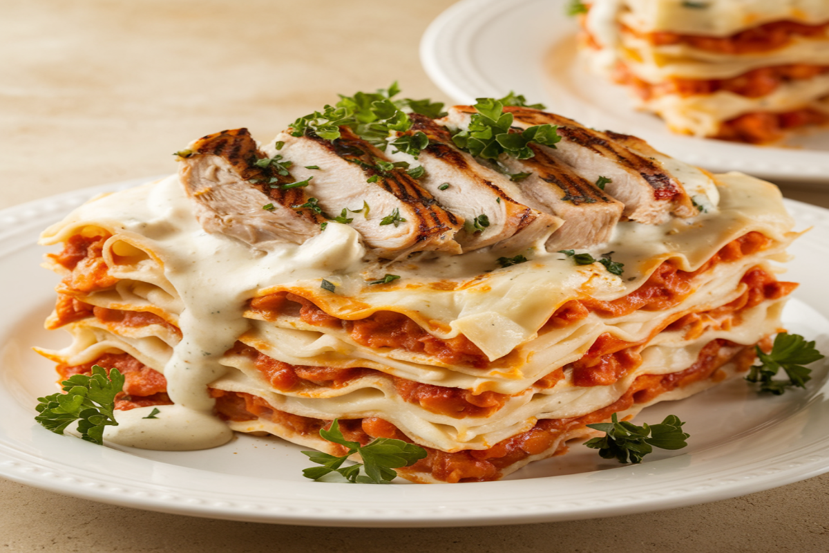 A baked chicken Alfredo lasagna with creamy white sauce and melted cheese on top.