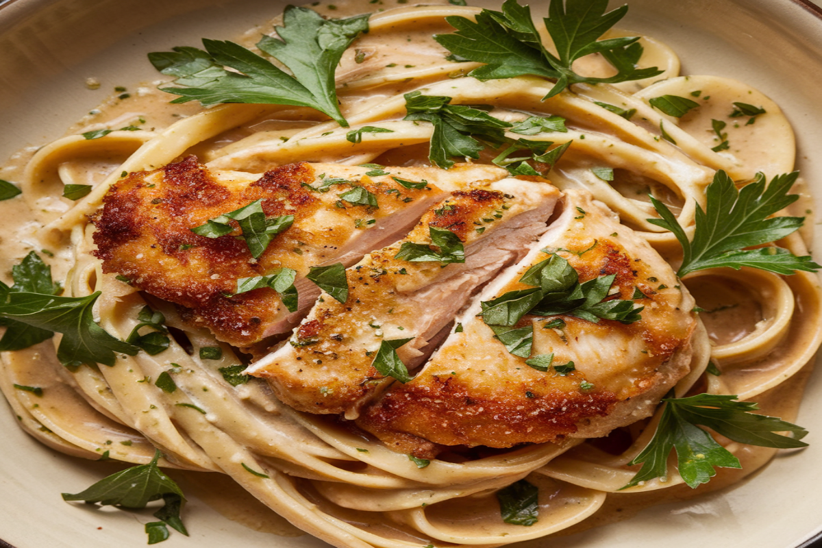 Plate of creamy garlic parmesan chicken pasta with fresh parsley garnish