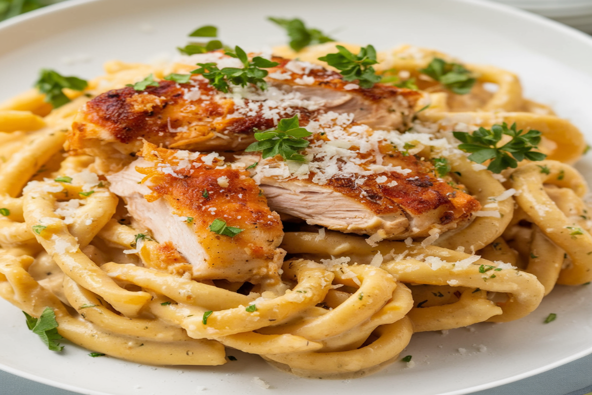 Creamy garlic parmesan chicken pasta with tender chicken and penne pasta