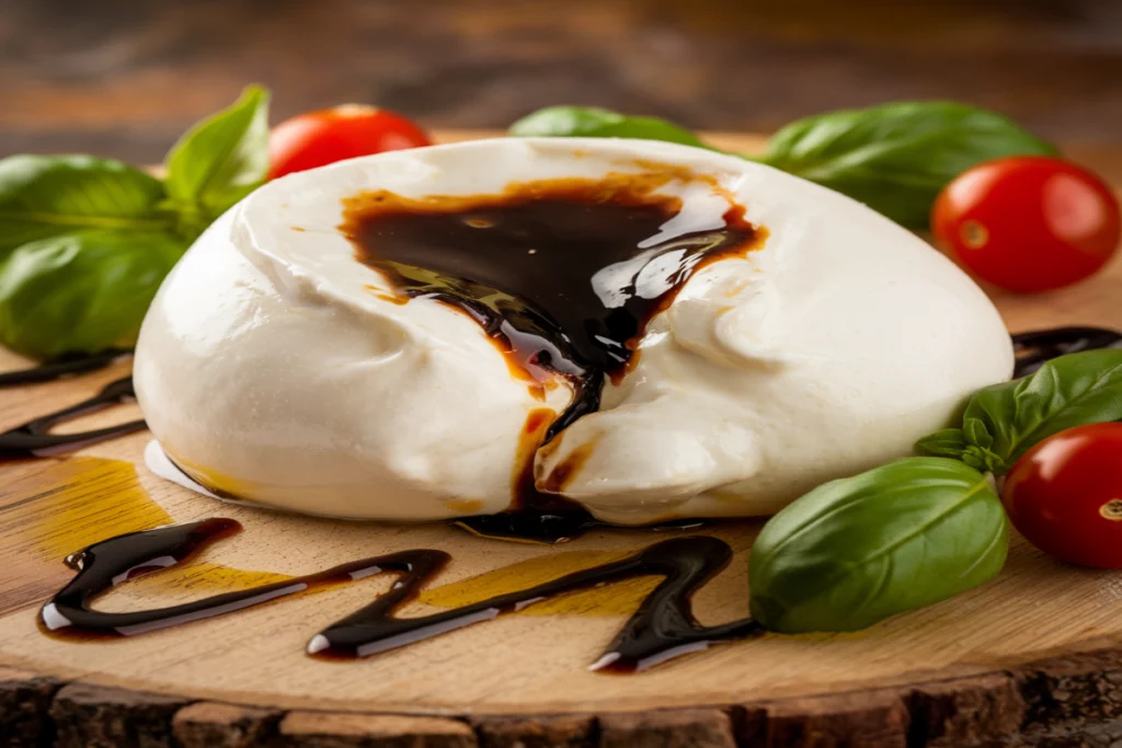 Fresh homemade burrata cheese on a cutting board