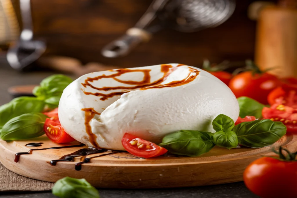 A ball of burrata cheese sliced open, revealing its creamy interior