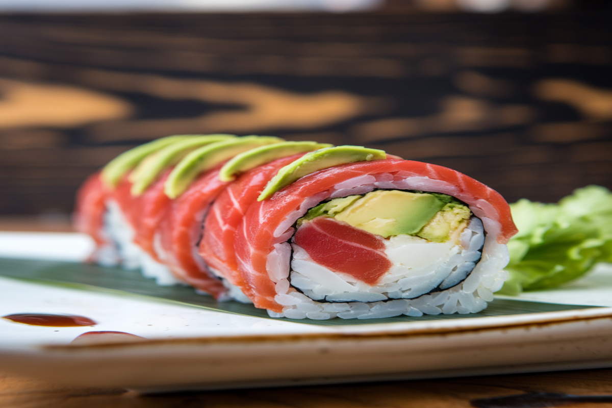 Fresh Alaska Roll with salmon, avocado, and sushi rice garnished with sesame seeds.