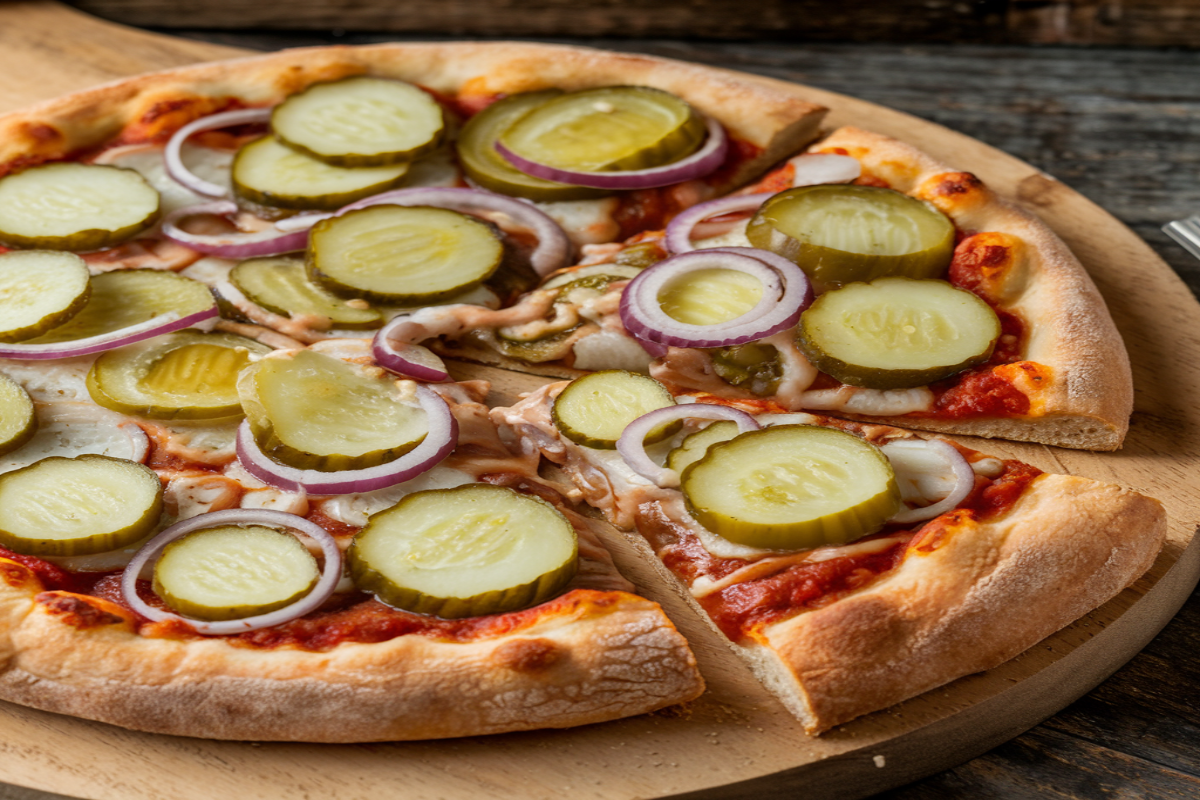 Pickle Pie Pizza topped with dill pickles and melted cheese