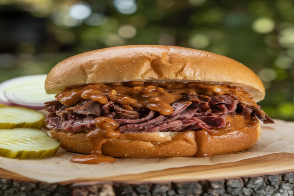 A close-up of a juicy brisket sandwich with BBQ sauce, pickles, and slaw on a brioche bun.