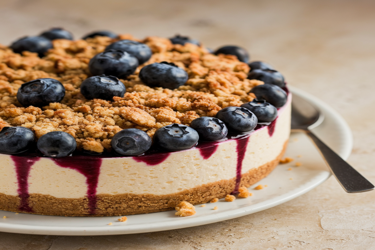 Blueberry Crumble Cheesecake with a buttery crumble topping