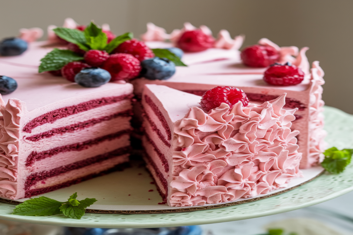 A beautifully frosted pink velvet cake with cream cheese frosting, topped with sprinkles and strawberries.