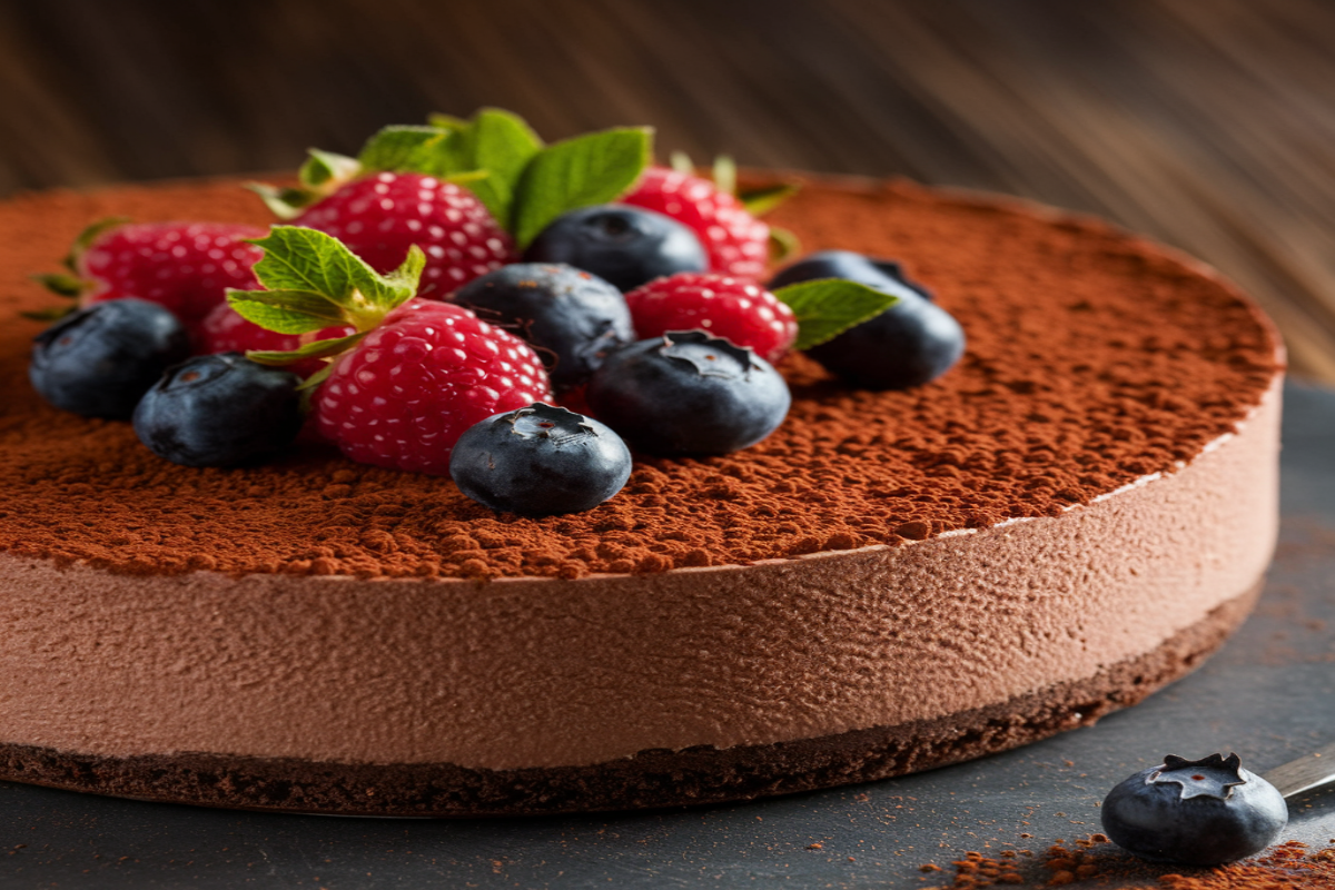 Rich and creamy chocolate mousse cheesecake topped with chocolate ganache.