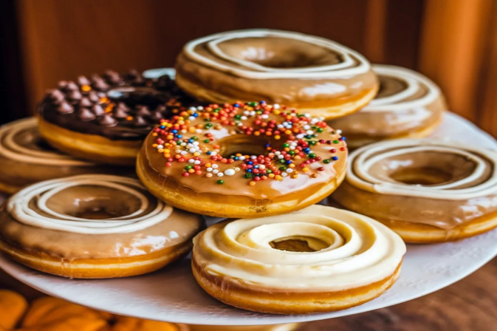 Freshly baked pumpkin donuts with glaze and cinnamon-sugar coating.