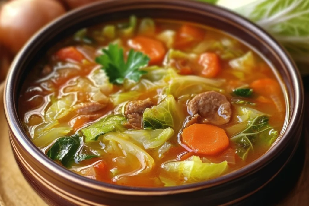 A bowl of keto cabbage soup with fresh vegetables and herbs