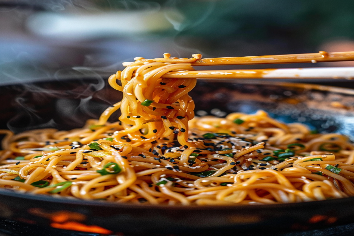 Plate of homemade hibachi noodles with soy sauce and sesame seeds