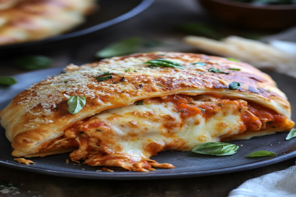 A golden-brown Chicken Parmesan Calzone filled with cheese and marinara sauce, served on a wooden board with fresh basil.