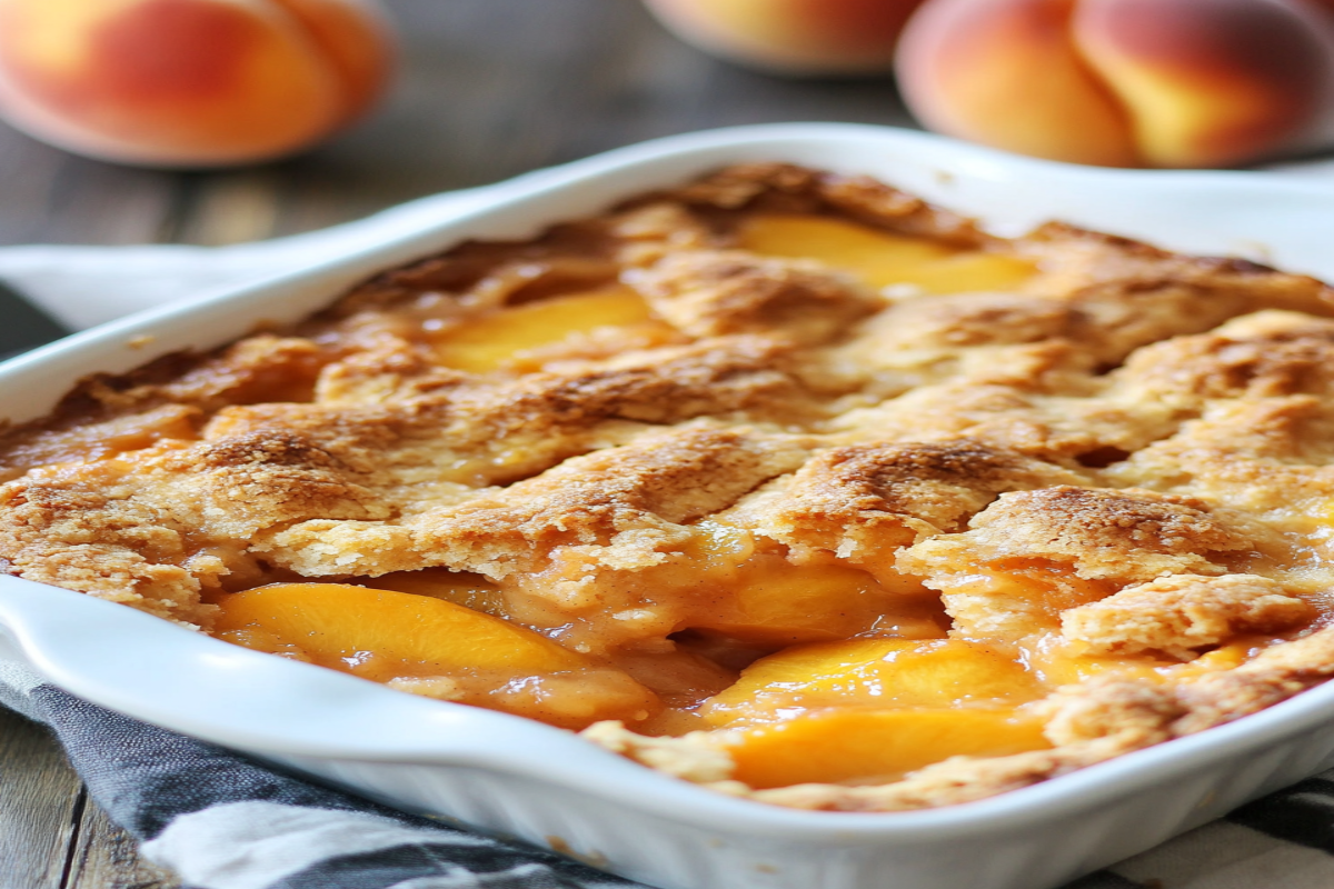 Peach cobbler served with canned peaches in a rustic dish with golden crust