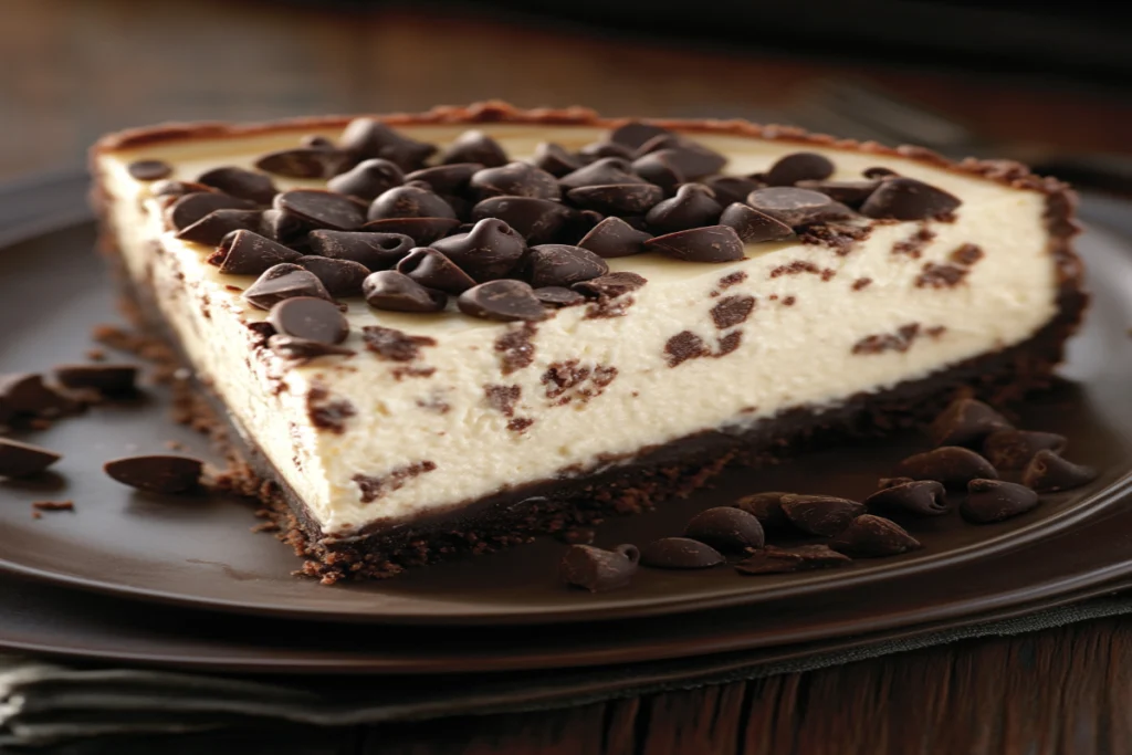 Chocolate chip cheesecake with graham cracker crust and chocolate ganache topping.