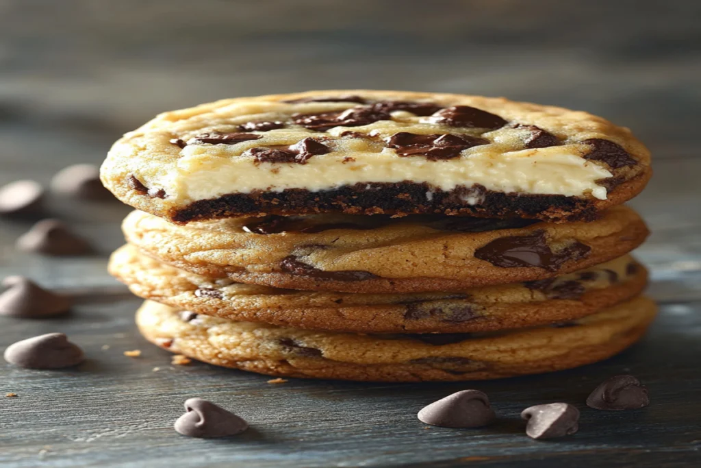 Soft and creamy chocolate chip cheesecake cookies with golden edges