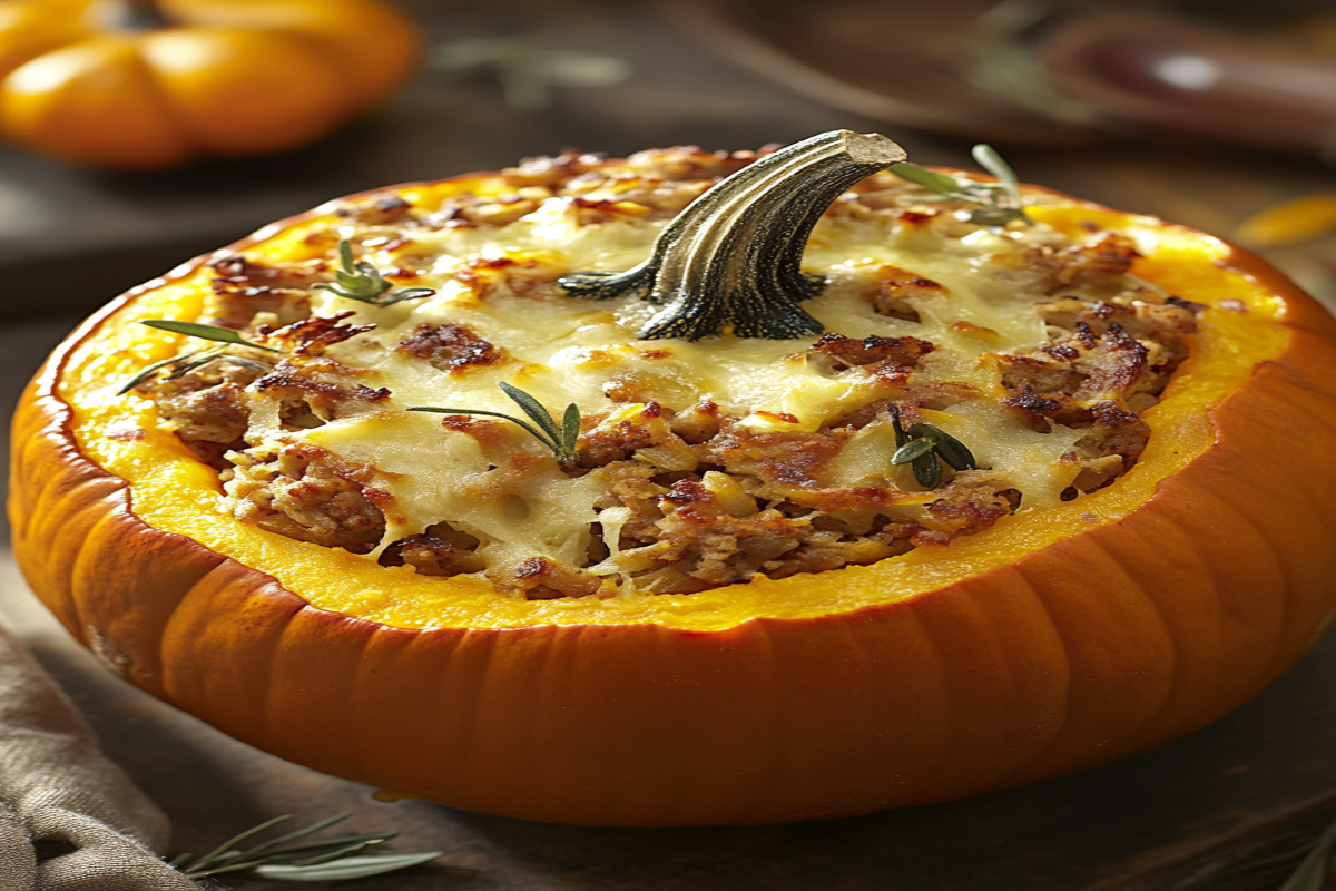 Roasted stuffed pumpkin filled with savory stuffing, perfect for fall and holiday meals.