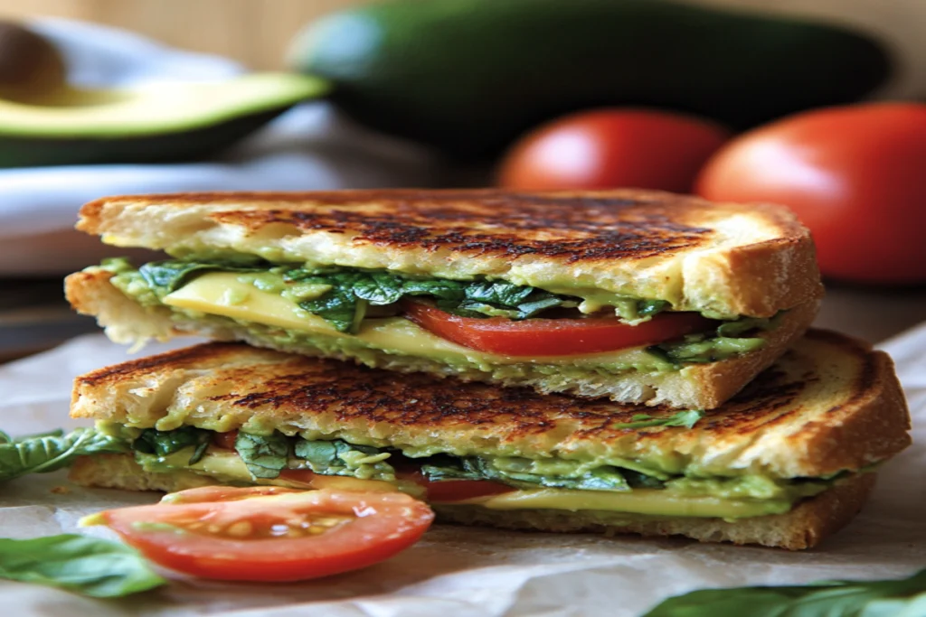 Avocado grilled cheese sandwich with melted cheese and toasted bread