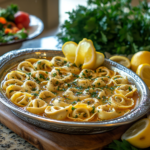 A bowl of creamy tomato tortellini soup garnished with basil and Parmesan.