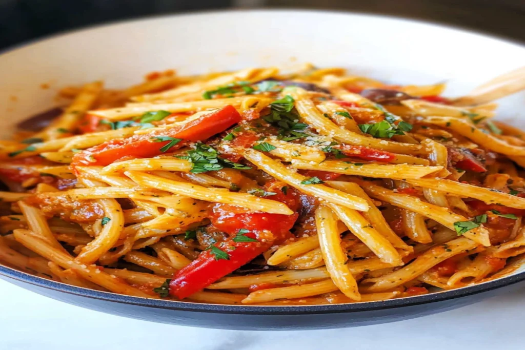 A plate of creamy Rasta Pasta with jerk chicken and colorful bell peppers.