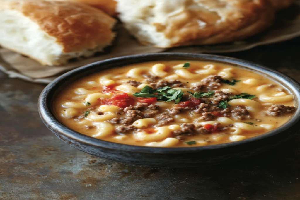 Bowl of creamy macaroni cheeseburger soup with shredded cheese on top