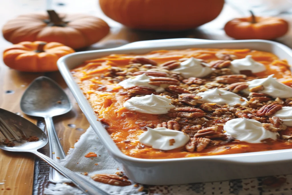 Easy Pumpkin Dump Cake with a creamy pumpkin base and crispy butter topping