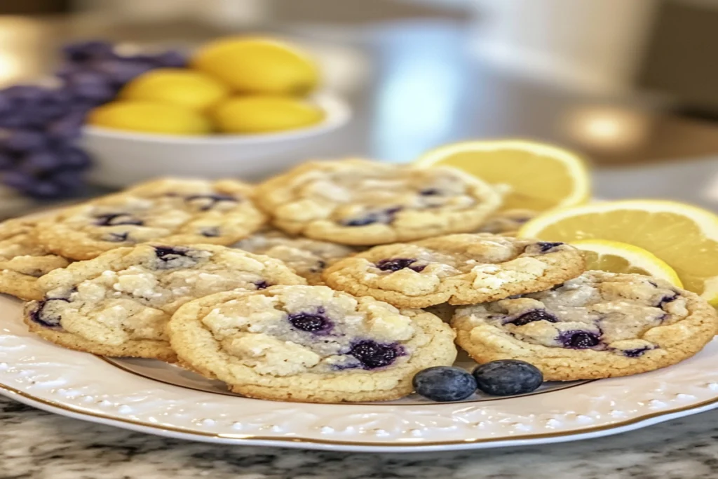 Freshly baked blueberry lemon cookies with lemon zest and blueberries.