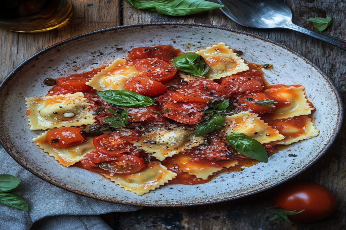 Ravioli pasta with tomato sauce served in a bowl with fresh basil