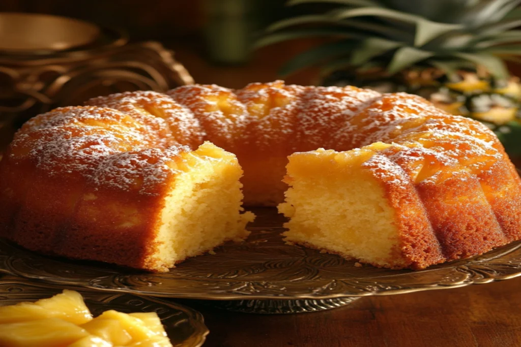 A moist pineapple pound cake with a golden crust topped with a pineapple glaze