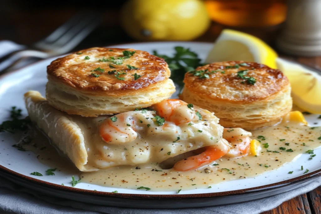 Chicken pot pie topped with Red Lobster Cheddar Bay Biscuits