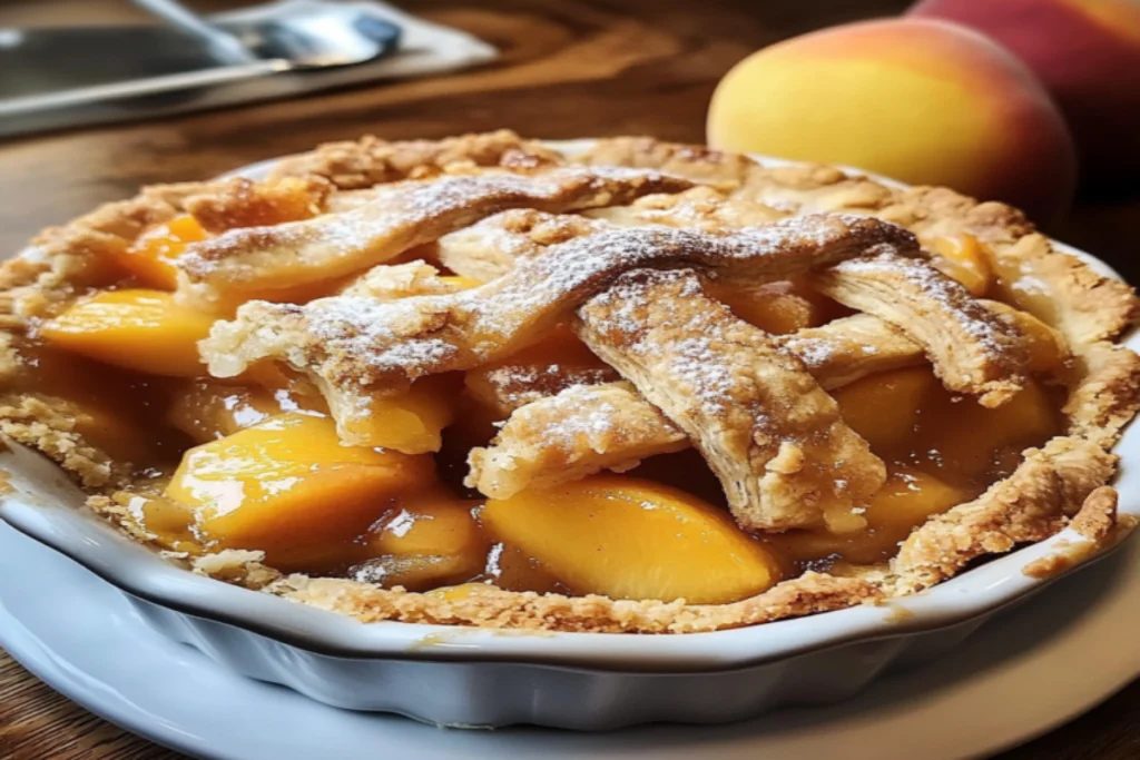 A freshly baked peach cobbler pie with a lattice crust and a scoop of vanilla ice cream.