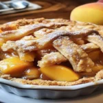 A freshly baked peach cobbler pie with a lattice crust and a scoop of vanilla ice cream.