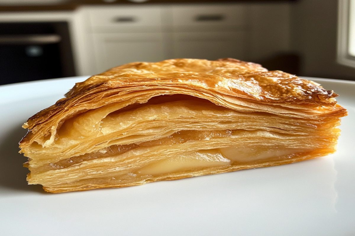 Freshly baked puff pastry with golden, flaky layers